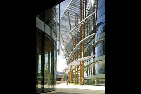 Reducing solar gain became more critical with the introduction of the 2006 version of Part L. This is Watermark Place next to the River Thames, which features three different approaches to reducing solar gain including these distinctive brise soleils made